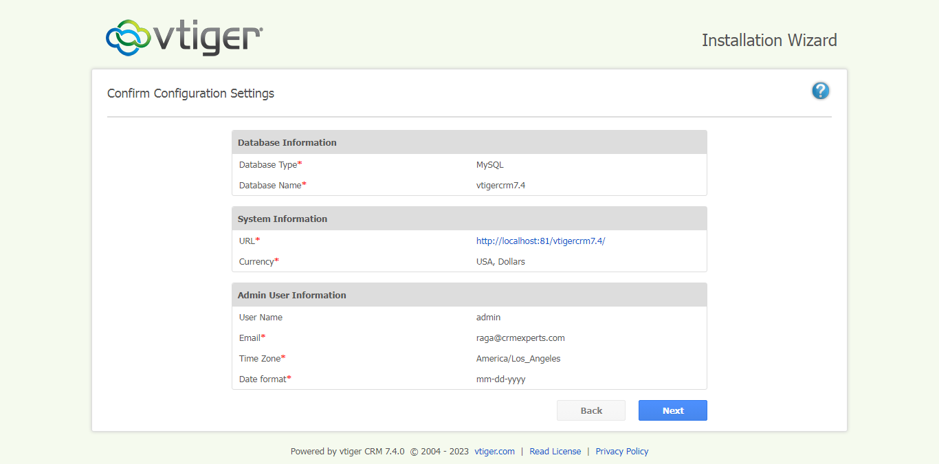 vTiger Confirm Configuration Setting