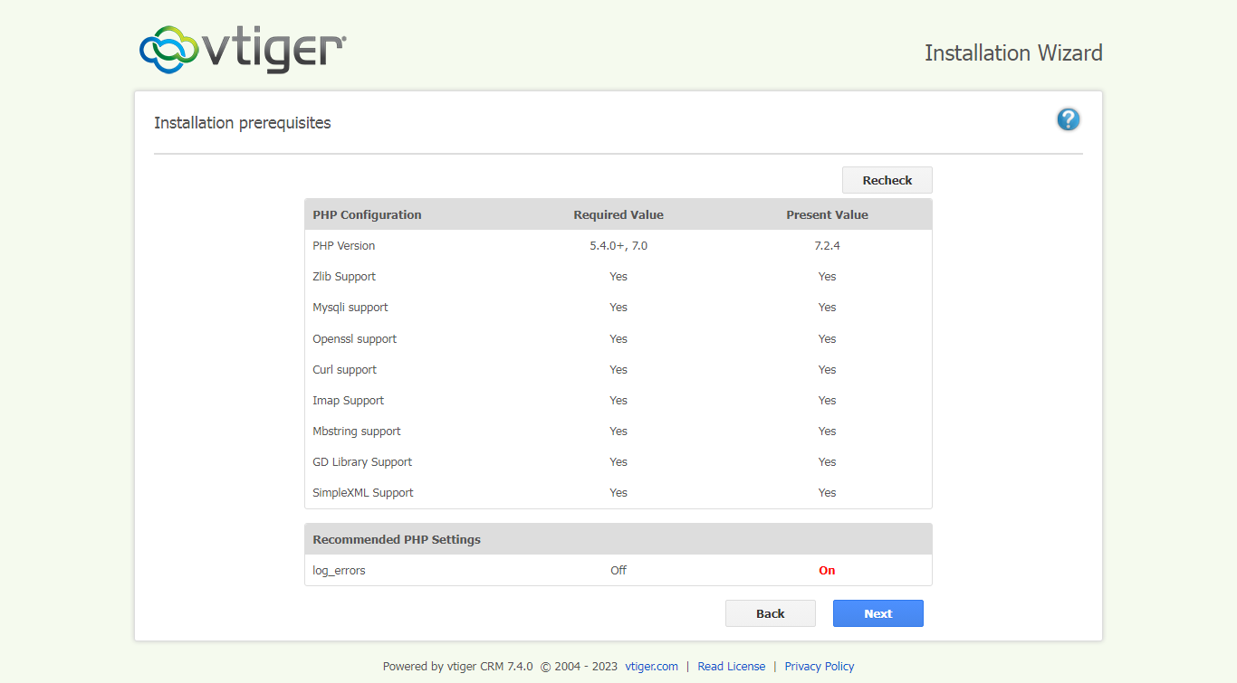 vTiger Installation prerequisites