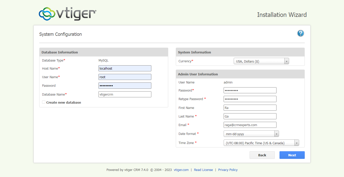 vTiger System Configuration