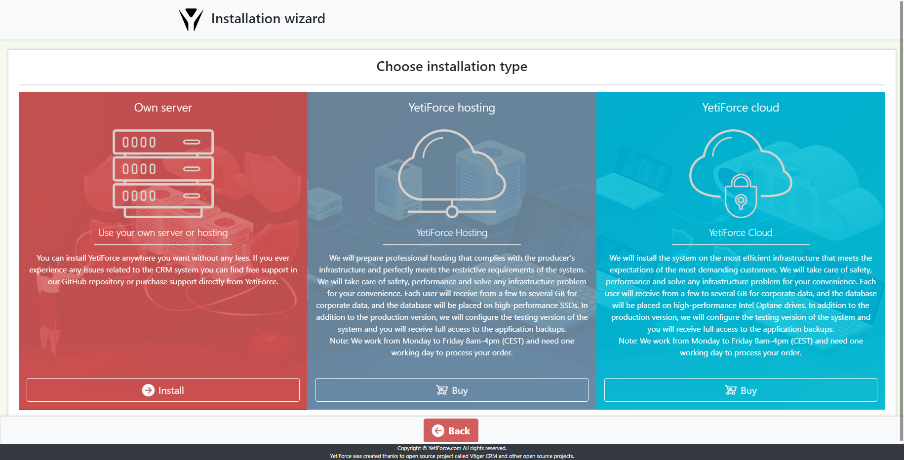 Yetiforce choose installation type