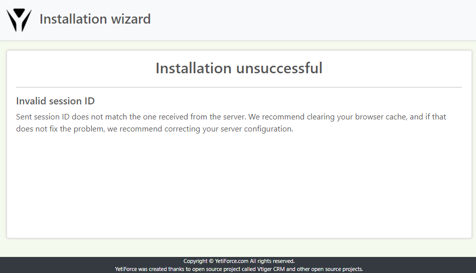 Yetiforce Installation Failed