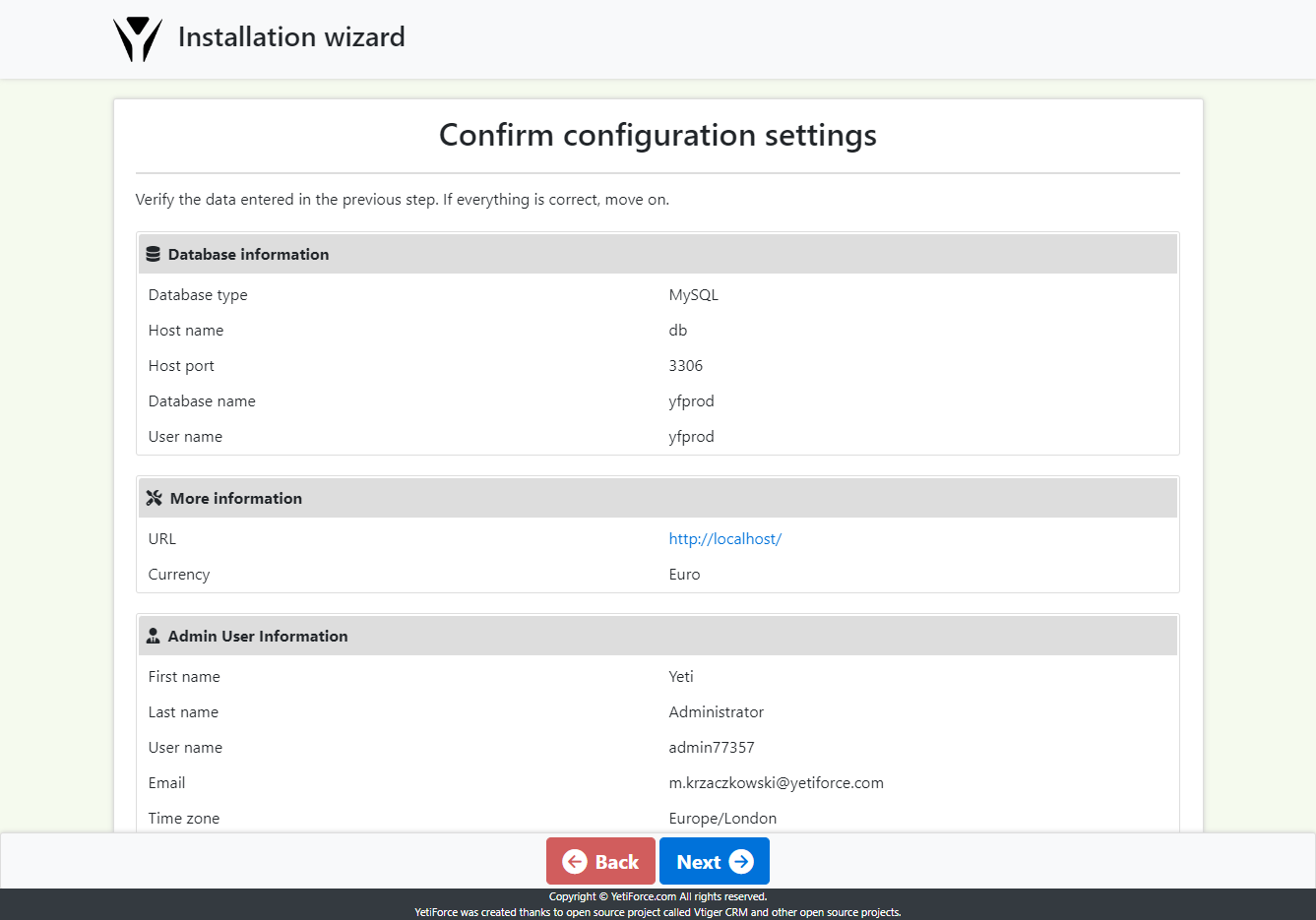 Yetiforce installation wizard