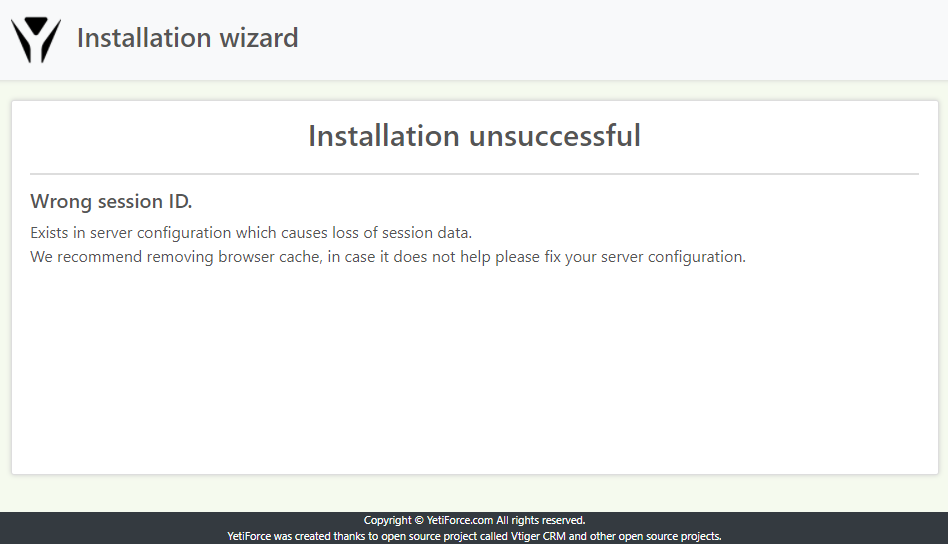 Yetiforce Session ID invalid